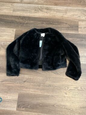 LOFT Black Faux Fur Cropped Jacket
